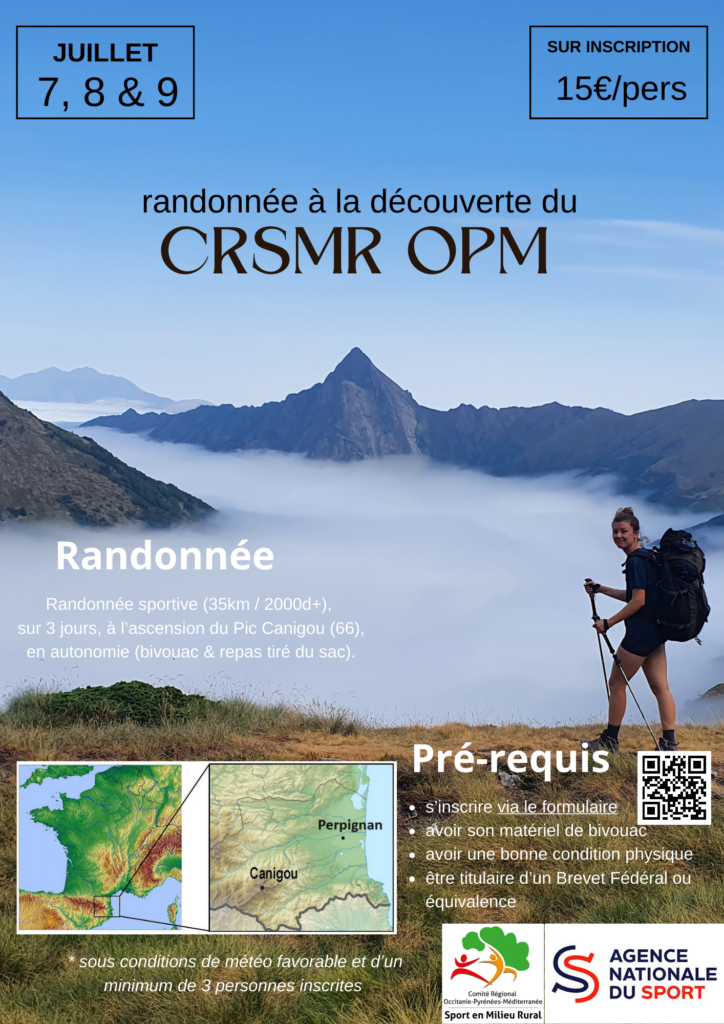 Affiche randonnées régionales CRSMR OPM, 7, 8 et 9 juillet 2024: ascension du Pic du Canigou